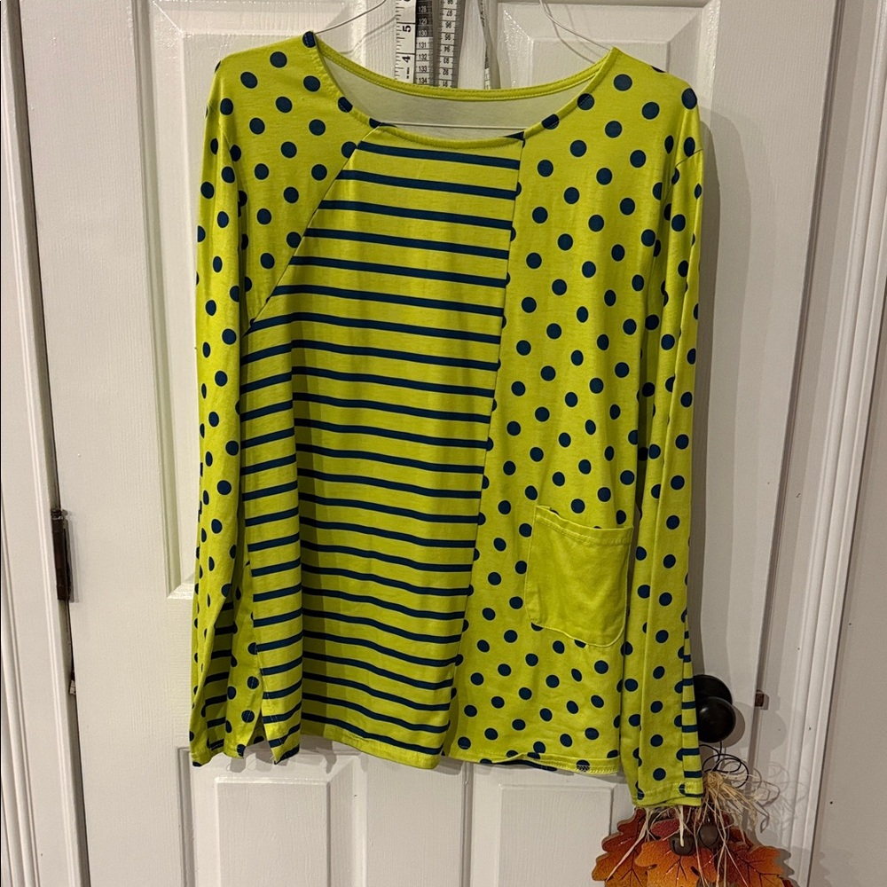 Lime Green Polka Dot and Stripe Long Sleeve Top